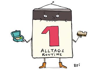 Illustration eines Abreisskalenders, der Arme, Beine und ein Gesicht hat, er hält eine Brotbox und eine Stulle