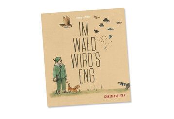 Förster mit Hund, Vögel fliegen umher, Buchtitel Im Wald wirds eng