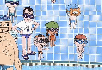 Filmszene aus dem Zeichentrickfilm Frites sans Maillot, Kinder und Erwachsene in einem Schwimmbad