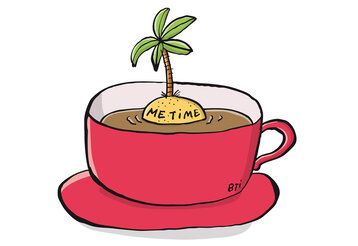 eine rote Kaffeetasse, in der Mitte des Kaffees ist eine Insel, auf der steht: me-time. Illustration für die Vater-Kolumne