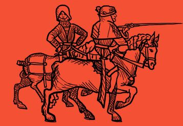 altertümliche Zeichnung von Rittern auf orangem Hintergrund