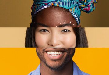 dreigeteiltes Bild, Kopf, der sich aus drei Porträts zusammensetzt