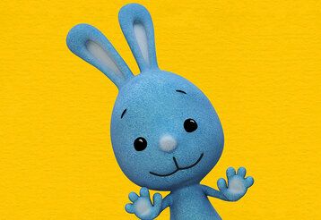 animierter blauer Hase, der Hintergrund ist gelb