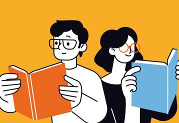 Vektor-Illustration, ein Junge und ein Mädchen lesen in Büchern, Hintergrund gelb