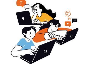 Vektorillustration, drei Kinder mit Laptops und Icons