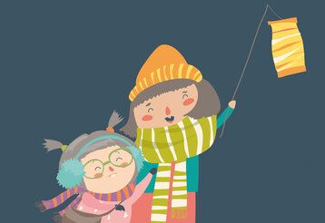 Vektor-Illustration, zwei Kinder singen, ein Kind trägt eine Laterne, Hintergrund dunkelblau