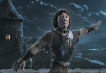 Ritter steht auf Burggemäuer und zeigt in den Nachthimmel