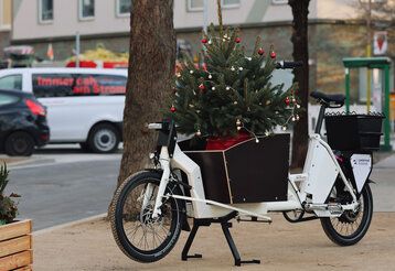ein Lastenfahrrad  mit einem Weihnachtsbaum in der Transportkiste steht auf einem Platz in Düsseldorf