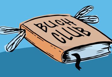 gezeichnetes Buch mit Libelle-Flügeln