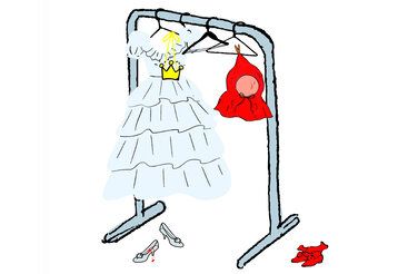 Illustration eines Kleiderständers mit einem Prinzesinnenkleid, einer roten Kapuze und zwei Paar Schuhen