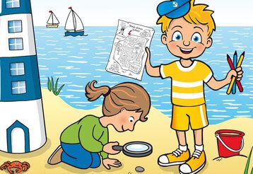 Illustration, Denni Düssel und ein Mächen sind am Strand
