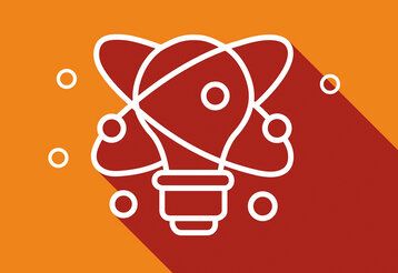 weißes Icon einer Glühbirne mit Orbit-Ellipsen auf rotem und orangen Hintergrund