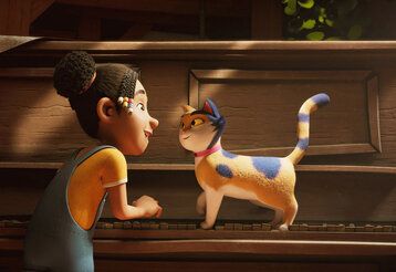 Szene aus dem Animationsfilm Miss Moxy, ein Mädchen steht an einem Klavier undspricht mit einer Katze, die auf dem Klavier steht