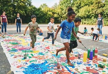 Kinder malen draußen auf einer großen Papierbahn und springen darauf herum