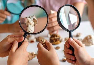 Kinderhände halten zwei Lupen, dahinter ist ein großes Schneckenhaus