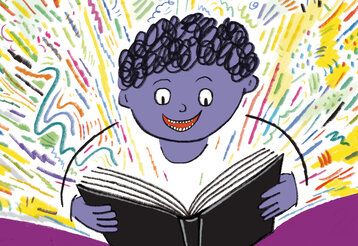 Illustration eines violetten Kindes, das ein Buch liest, drumherum bunte Striche