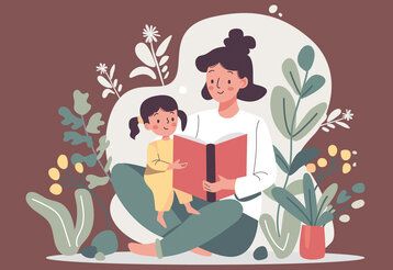 Illustration, Mutter liest Kind aus Buch vor, drumherum Pflanzen und Blumen