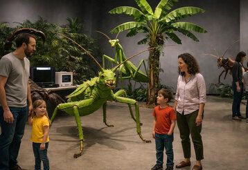 Eltern und Kinder besichen eine Ausstellung und betrachten überdimensionale, naturgetreue Modelle von Insekten, Spinnen und Skorpionen