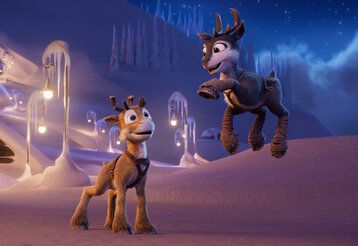 3-D-Animation, zwei Rentiere in Schneelandschaft, ein Rentier schwebt in der Luft, das andere ist erstaunt