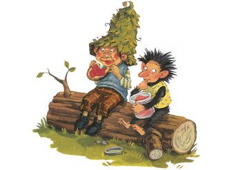 Illustration von zwei Männchen, die auf einem Baumstamm sitzen und essen