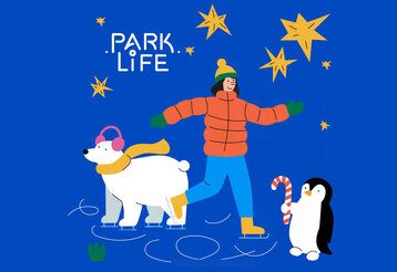 Parklife Wintermotiv, Illustration von Eisläuferin mit Eisbär und Pinguin auf blauem Fond mit Sternen