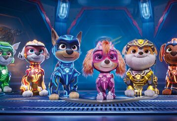 Animationsfilmoptik, sechs Hunde in spacigen Anzügen stehen nebeneinander