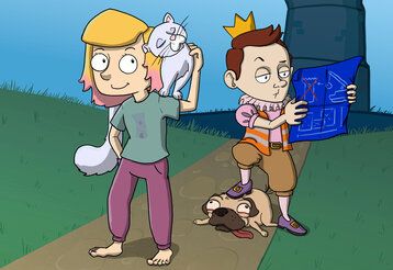 Rapunzel mit Prinz, Hund und Katze auf einer Wiese vor dem Turm, Illustration