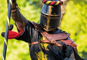 Ritter in Rüstung, im Hintergrund unscharfes Gebüsch