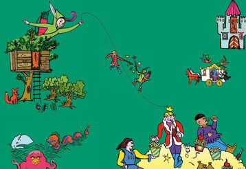 Szenen aus Robin Hood illustriert auf grünem Hintergrund