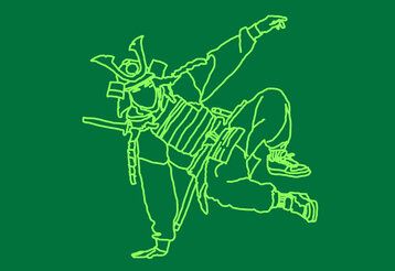 Outline-Illustration eines Samurai, der Breakdance macht, hellgrüner Strich auf dunkelgrünem Grund