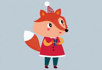 Illustration von einem Fuchs, der angezogen ist und ein Geschenk trägt, Hintergrund grau