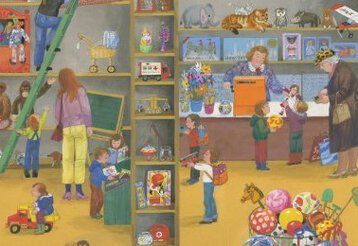 Wimmelbild eines Spielzeuggeschäfts der Künstlerin Eva Scherbarth.