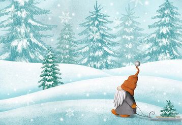 Skandinavischer Tomte-Gnom, der im Schneewald spaziert Aquarell-Winterillustration