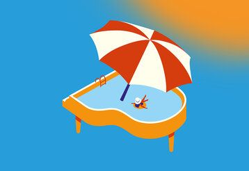 Illustration eines Flügels, dessen Resonanzboden ein Swimming Pool ist, in dem eine Frau im Schwimmreifen sitzt und ein großer Sonnenschirm steht
