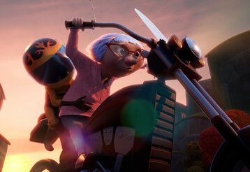 Animationsfilm, eine Oma fährt auf einem Motorrad, Kind auf dem Sozius