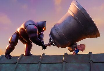 Szene aus dem Animationsfilm Super Charlie, ein Baby kämpft mit einem Superhelden mit Glocken auf einem Dach