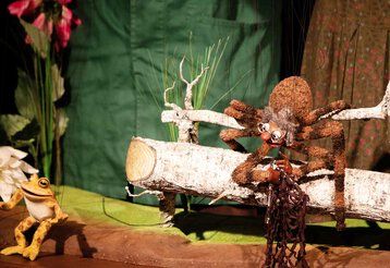 Auf einer Puppenspielbühne sitzt eine große Spinne auf einem Ast und spricht mit einem Frosch.