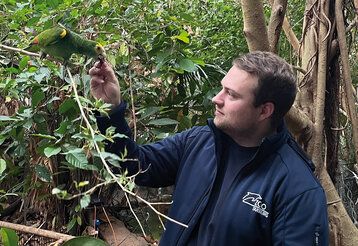 Tierpfleger Kevin füttert einen Papagei im Duisburger Zoo