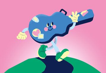 Illustration, ein blauer Gitarren- oder Geigenkoffer mit Gesicht läuft winkend auf einem Weg, der Hintergrund ist rosa