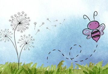 Illustration, eine violette Hummel fliegt über eine Wiese mit Pusteblumen