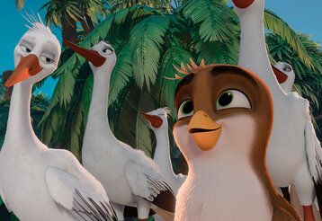 Illustration von einem kleinen Spatz, der neben Störchen steht