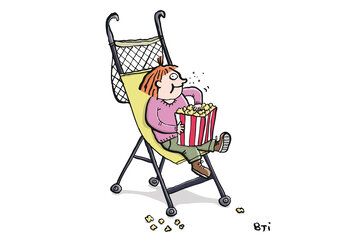 Illustration zur Vater Kolumne: Kind sitzt mit Popcorn im Buggy