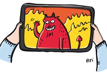 Illustration Teufel winkt aus dem Tablet Screen heraus