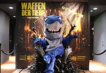 Verkleideter Mensch in Haikostüm sitzt im Aquazoo vor dem Ankündigungsplakat der Ausstellung „Waffe der Tiere“