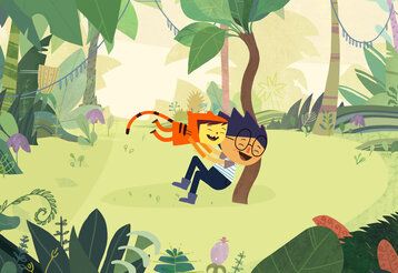 Illustration von zwei Kindern, eines ist als Tiger verkleidet und springt das andere lachend an