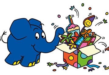 Elefant mit einem Karton voller Geschenke