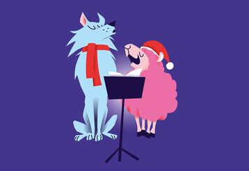 Illustration, ein Wolf und ein Schaft stehen an einem Notenständer und singen