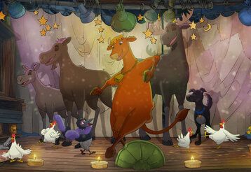 Zeichntrick, Bauernhoftiere tanzen in einem Raum, der weihnachtlich geschmückt ist