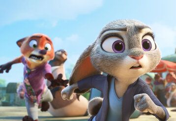 Szene aus dem Animationsfeilm Zoomania 2, ein Hase rennt weg, gefolgt von einem Fuchs