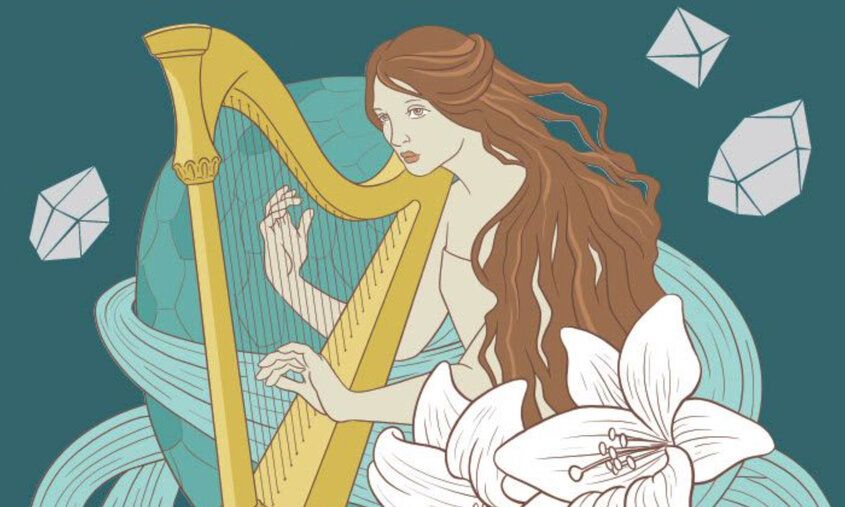 Illustration einer Frau, die Harfe spielt
